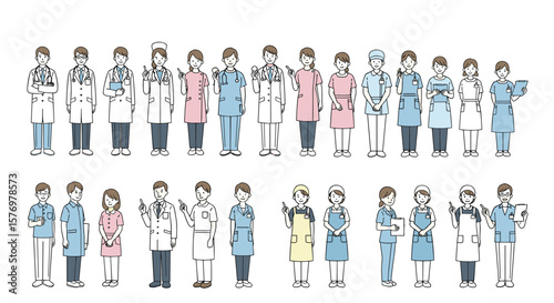 Diverse group of medical professionals wearing lab coats and scrubs standing in two rows representing healthcare workers