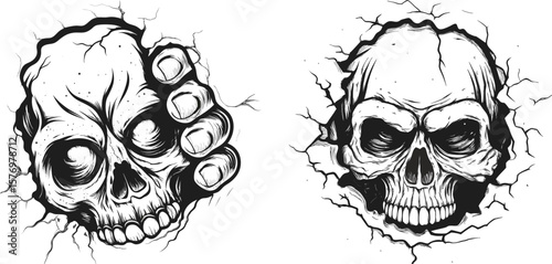 Striking skull illustrations, one emerging from a cracked surface with a grasping hand, evoke a sense of mystery and macabre isolated on white background