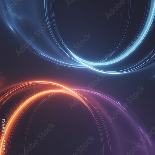Abstract light streaks and circles create a captivating visual effect with vibrant blue and orange glows on a dark backdrop.