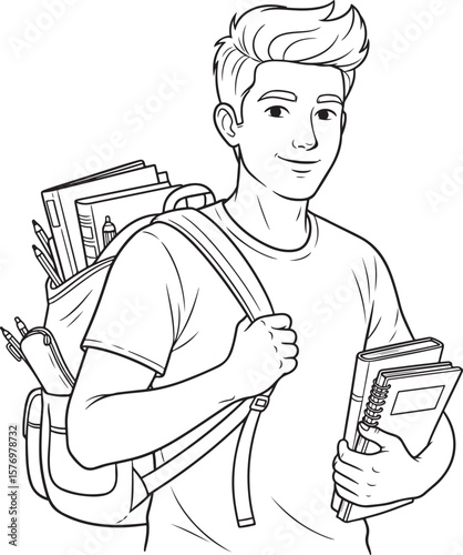 A detailed line art illustration depicting a confident and smiling male student, carrying a backpack full of school supplies and holding books