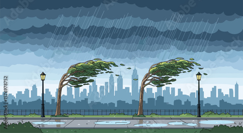 A stormy afternoon in the city park with trees bending in the wind and heavy rain falling on the puddles