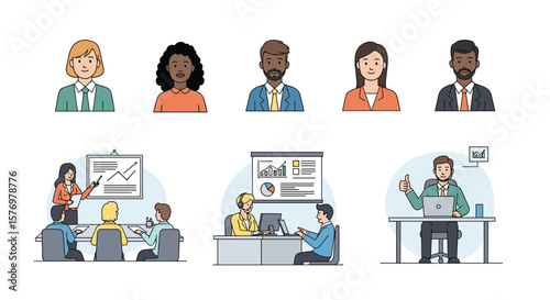 Pixel art business team meeting collaboration and presentation scenarios diverse professionals working together efficiently