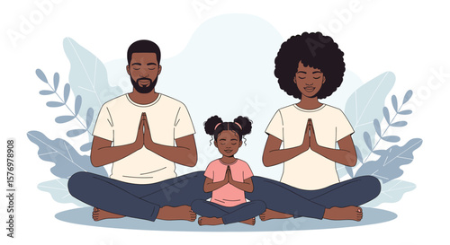 A serene black family practicing yoga together finding inner peace and mindfulness in a calm natural setting