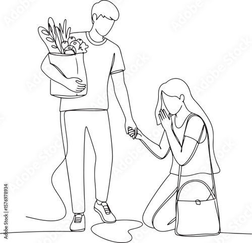 A detailed line art illustration depicting a man holding a bag of groceries and offering a comforting hand to a woman who is kneeling and crying