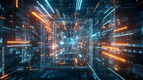 Abstract technology digital tunnel with glowing lines and data streams visuals