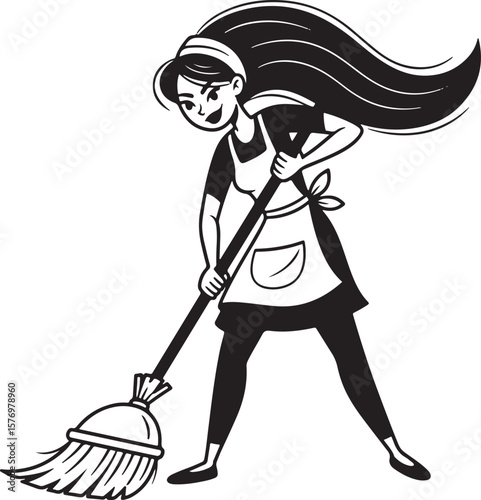 A diligent and energetic woman in an apron is actively sweeping the floor with a traditional broom