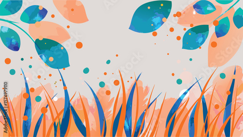 Watercolor painting of leaves and grass in blue orange and peach color palette with dots scattered around