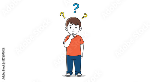 A young boy stands with his hand on his chin looking confused with question marks above his head representing a moment of deep thought or uncertainty about something important