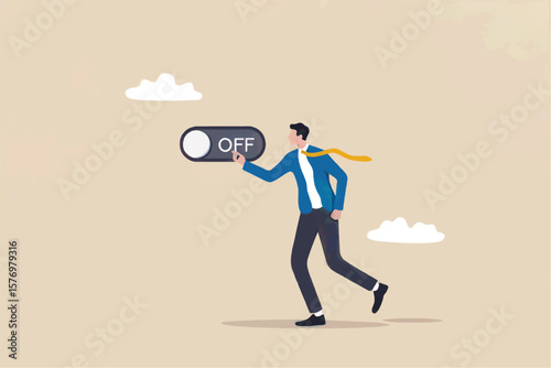 Businessman running to turn off a toggle switch labeled off symbolizing disconnection or stopping an activity isolated on transparent background