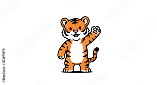 Adorable cartoon tiger waving hello with a friendly smile and playful gesture
