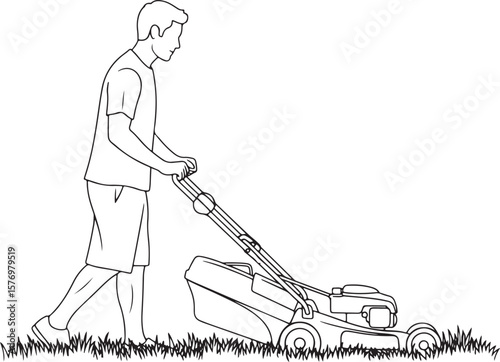 A vector illustration of a man diligently pushing a lawnmower, trimming a strip of unruly, tall grass.