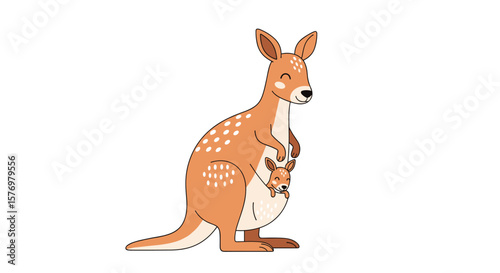 Adorable cartoon kangaroo with baby in pouch smiling happily walking illustration