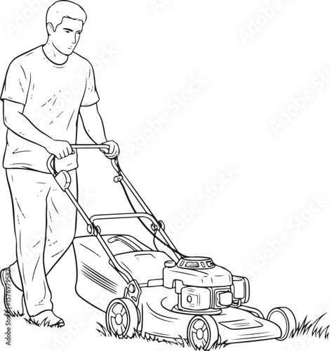 A vector illustration of a man operating a gas-powered lawn mower, engaged in the task of cutting grass..