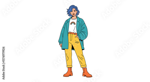 Stylish young woman wearing colorful clothing and standing confidently outdoors
