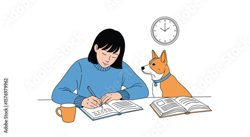 A dedicated student focused on her studies accompanied by her loyal dog patiently waiting beside her as time passes by marking the late hour