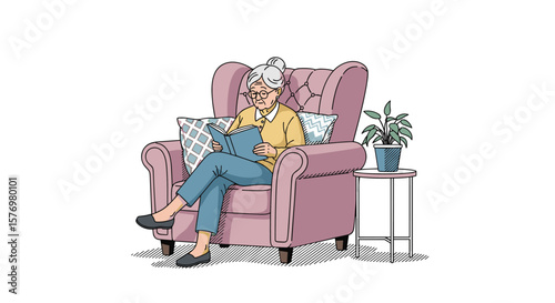 A comfortable elderly woman enjoys a peaceful afternoon relaxing in a plush armchair with her small dog resting beside her