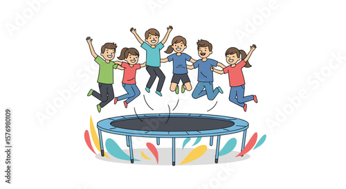 Joyful children experience the thrill of bouncing together on a round trampoline outdoors on a sunny day