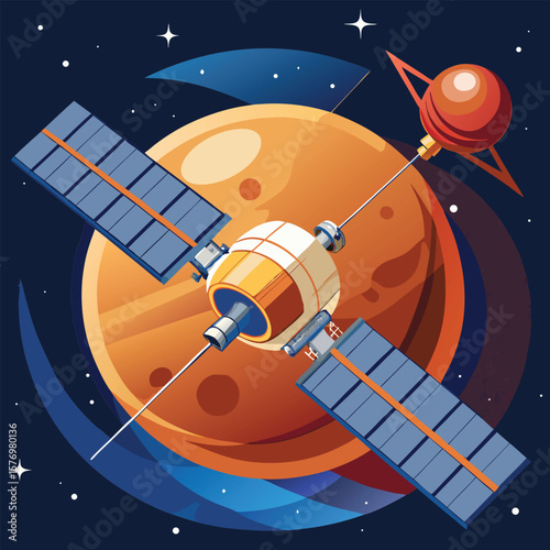 Orbiter near orange planet and red moon space satellite
