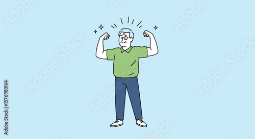 Man flexing biceps showing strength and confidence with a bright glow emanating from his head representing intellect and power