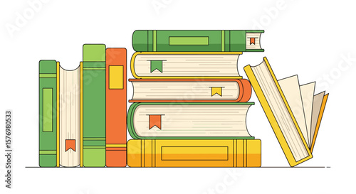 An artistic illustration of a stacked collection of books with an open book showing fluttering pages