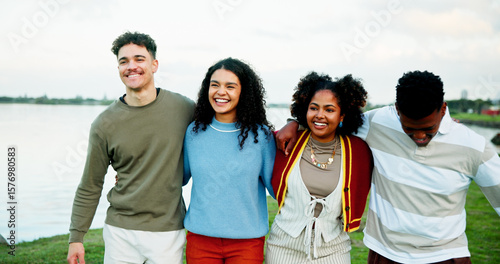 Konstfotografi Walking, smile and friends outdoor by lake on vacation, getaway or weekend trip together