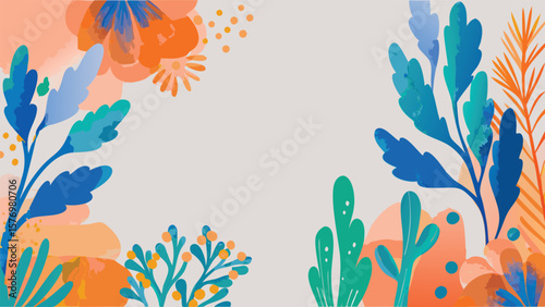 Illustration of colorful flowers and plants with a light gray background and decorative elements all around