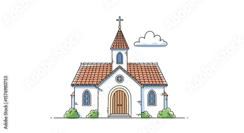 Charming small chapel with a steeple and bell against a clear sky featuring a single fluffy cloud nearby
