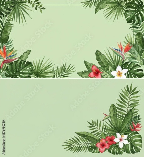 A double-sided greeting card featuring lush tropical foliage and vibrant flowers, ideal for personalized messages with copy space