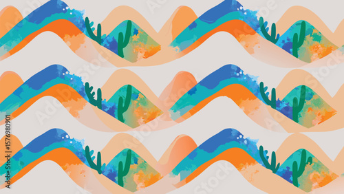 Watercolor desert landscape pattern with cacti and mountains in shades of orange and blue artistic scene