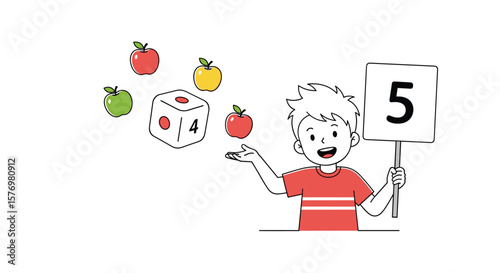 Young boy cheerfully juggling apples and a dice while holding a whiteboard displaying the number five is learning math concepts