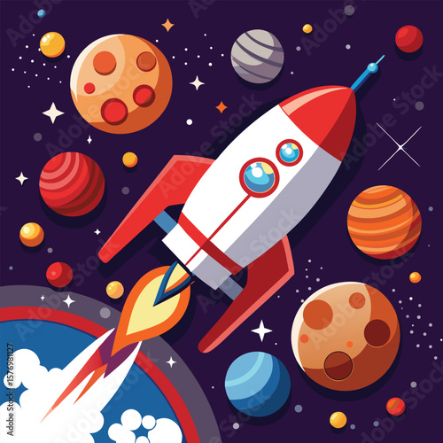 Red white rocket flying through planets space stars