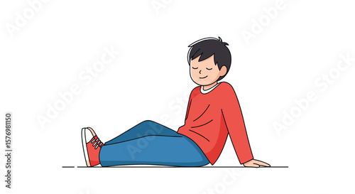 Young boy sitting on the floor looking to the side with a slight smile wearing a red sweater and blue jeans