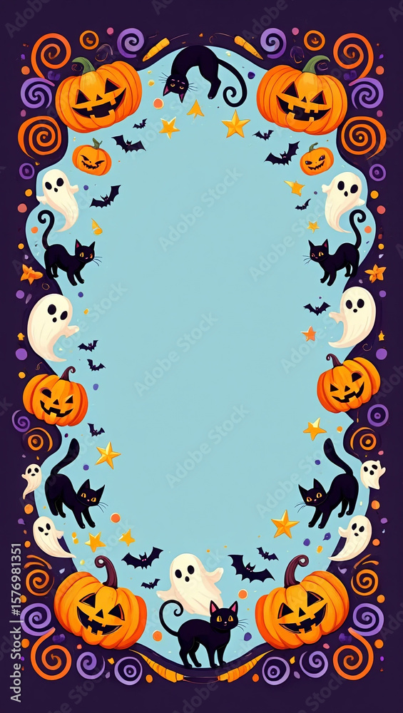 Fototapeta premium Halloween pumpkins ghosts black cats bats festive border image