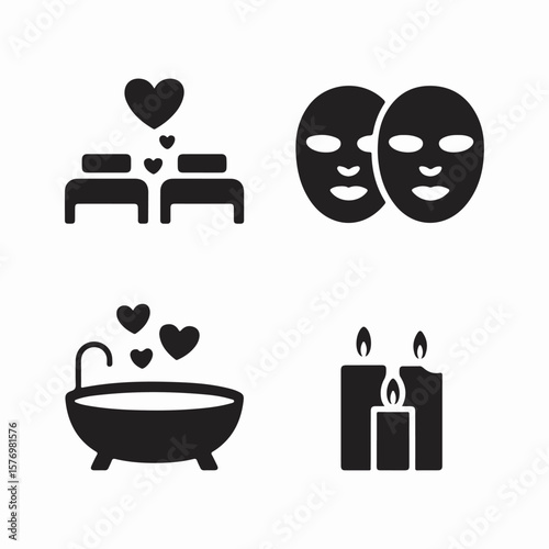 Icons representing relaxation and love in a spa setting for couples or individuals with self care activities.