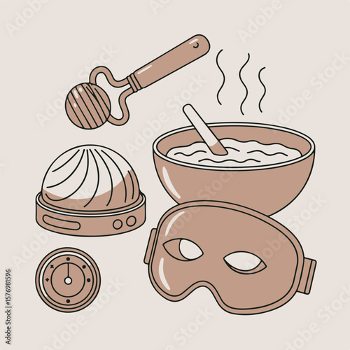 Illustration of wellness tools and food items showcasing relaxation and skincare in a calm and soothing minimalist aesthetic