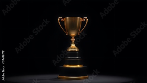 A gleaming gold trophy displayed on a pedestal, highlighted by dramatic studio lighting against darkness.