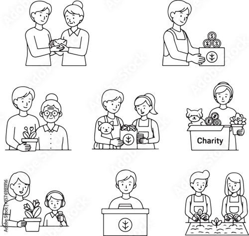 Various acts of community service and charitable giving, including donations, volunteering, and helping others