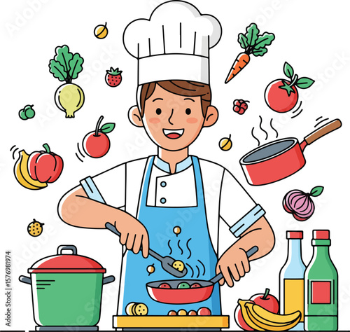  A cheerful chef skillfully and happily prepares a healthy meal surrounded by fresh, vibrant ingredients and cooking tools.