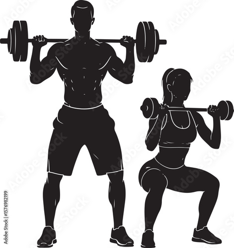  vector illustration of a man and woman performing intense barbell squats and overhead presses