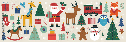  festive banner with jolly Santa in red suit perched on vintage toy train, nutcracker companions, wrapped presents, candy canes, twinkling lights, ribbon bows and snowy evergreen branches.