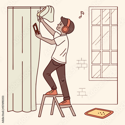 A person mopping the floor while listening to music and holding a phone next to a mirror and towel rack