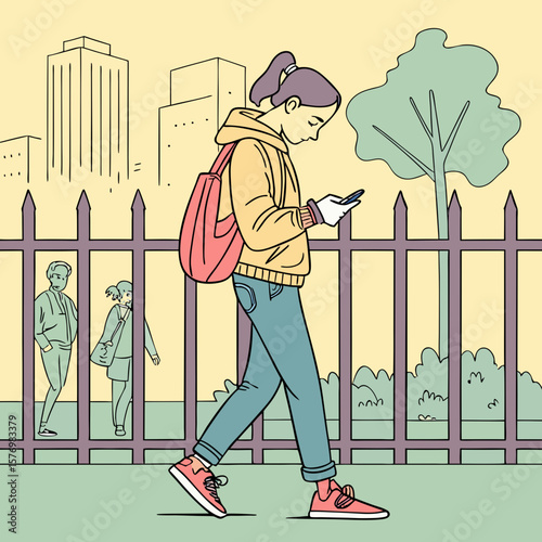 A person with a backpack and hat walks past a fence while looking at their phone on a sidewalk near bushes