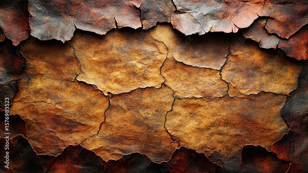 Fototapeta premium Textured surface with deep cracks and varied tones.