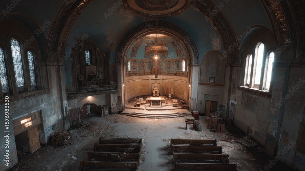Fototapeta premium Empty church interior, decaying grandeur