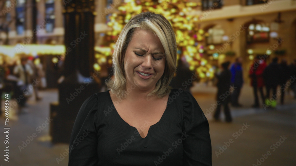 Fototapeta premium Woman face lifted with closed eyes and open mouth on busy street at night by illuminated tree lights; anxiety.