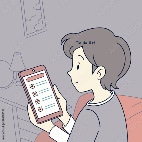 Person sitting cross legged using a smartphone with a checklist floating nearby on a tablet device