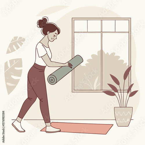 Woman in athletic wear unrolling a yoga mat near a window with a view of foliage outside the glass panes