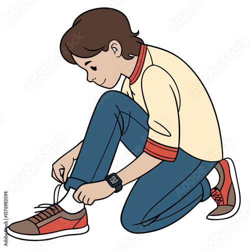 Illustration of a young woman with a ponytail looking at her phone while leaning casually against a wall