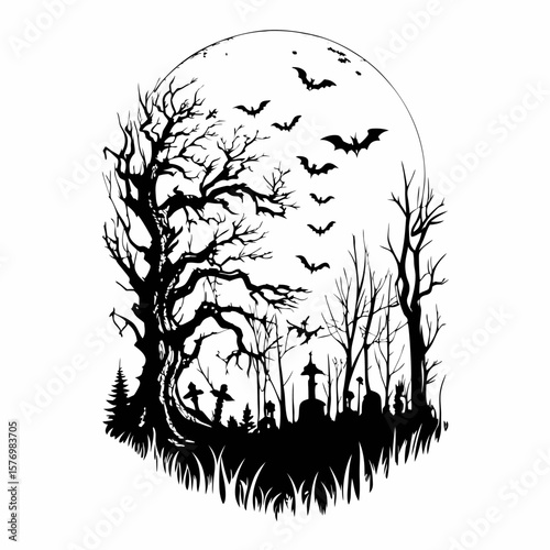 A vector illustration of a lone wolf silhouette under a black autumn tree, set against a nature landscape