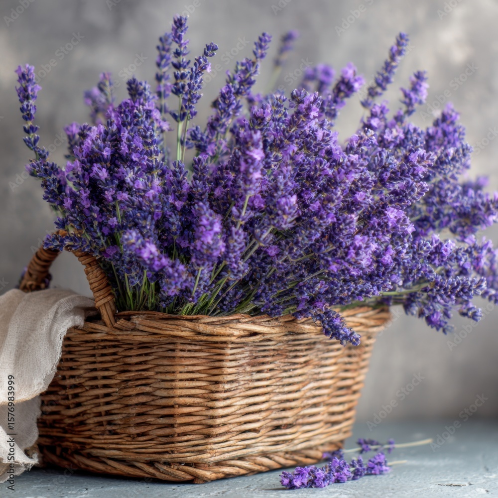 Fototapeta premium A rustic wicker basket filled with fresh lavender flowers.